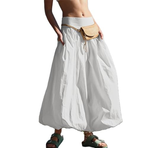 PDLCVD Summer Y2k Bubble Maxi Skirt for Women Casual Elastic Waist A Line Long SkirtRuffle Midi Skirt Sundress White | Amazon (US)