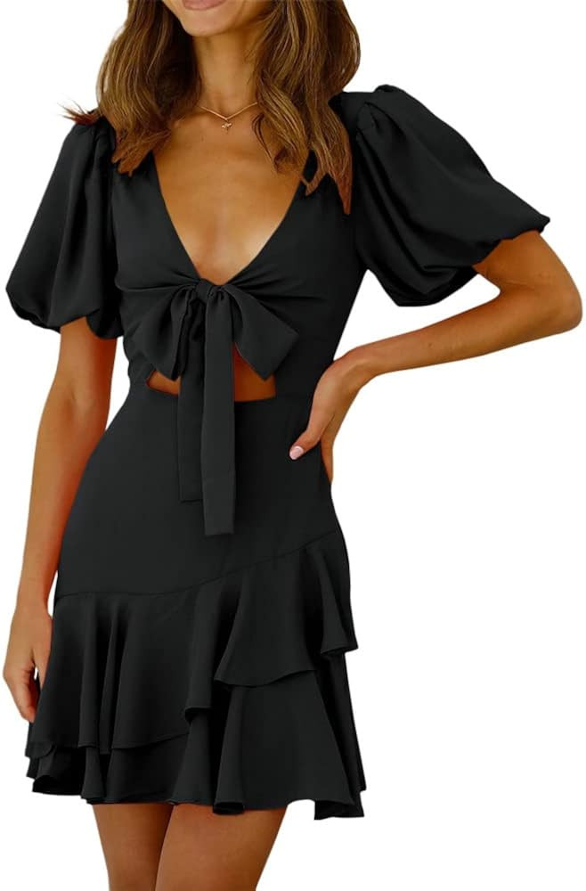 MaQiYa Women's Casual Short Puff Sleeve Dress V Neck Tie Knot Front Ruffle Hem Summer Solid Color... | Amazon (US)