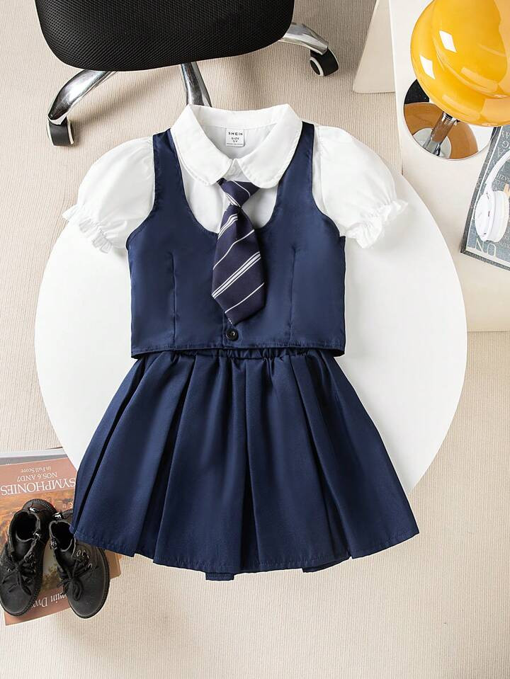 SHEIN Genkimix Kids Young Girl Shirt Collar Tie Waistcoat Skirt Set, 2024 Summer New College Styl... | SHEIN