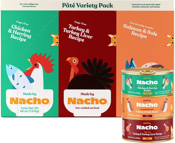 MADE BY NACHO Chicken, Herring, Salmon & Turkey Variety Pack Grain-Free Pate Wet Cat Food, 5.5-oz... | Chewy.com