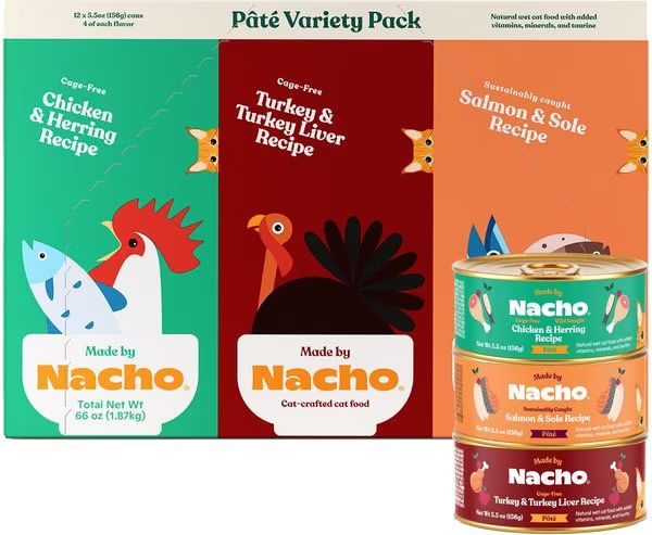 MADE BY NACHO Chicken, Herring, Salmon & Turkey Variety Pack Grain-Free Pate Wet Cat Food, 5.5-oz... | Chewy.com