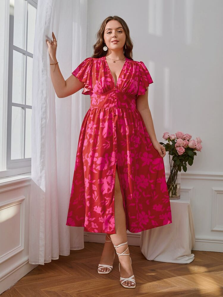 SHEIN VCAY Plus Floral Print Butterfly Sleeve Split Thigh Dress | SHEIN