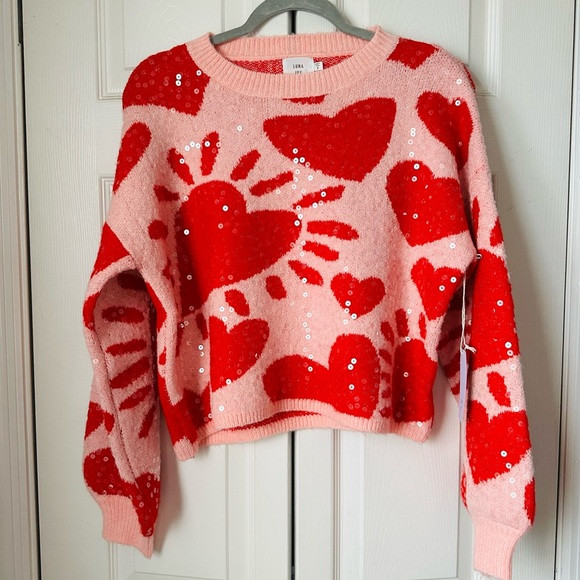 LUNA IVY Pink  and Red Heart Pattern Sequin Sweater Sz Sm | Poshmark