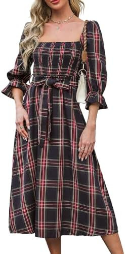 CUPSHE Women's Maxi Dresses Square Neck Plaid Smocked Belted Ruffled Casual Half Trumpet Sleeve A... | Amazon (US)