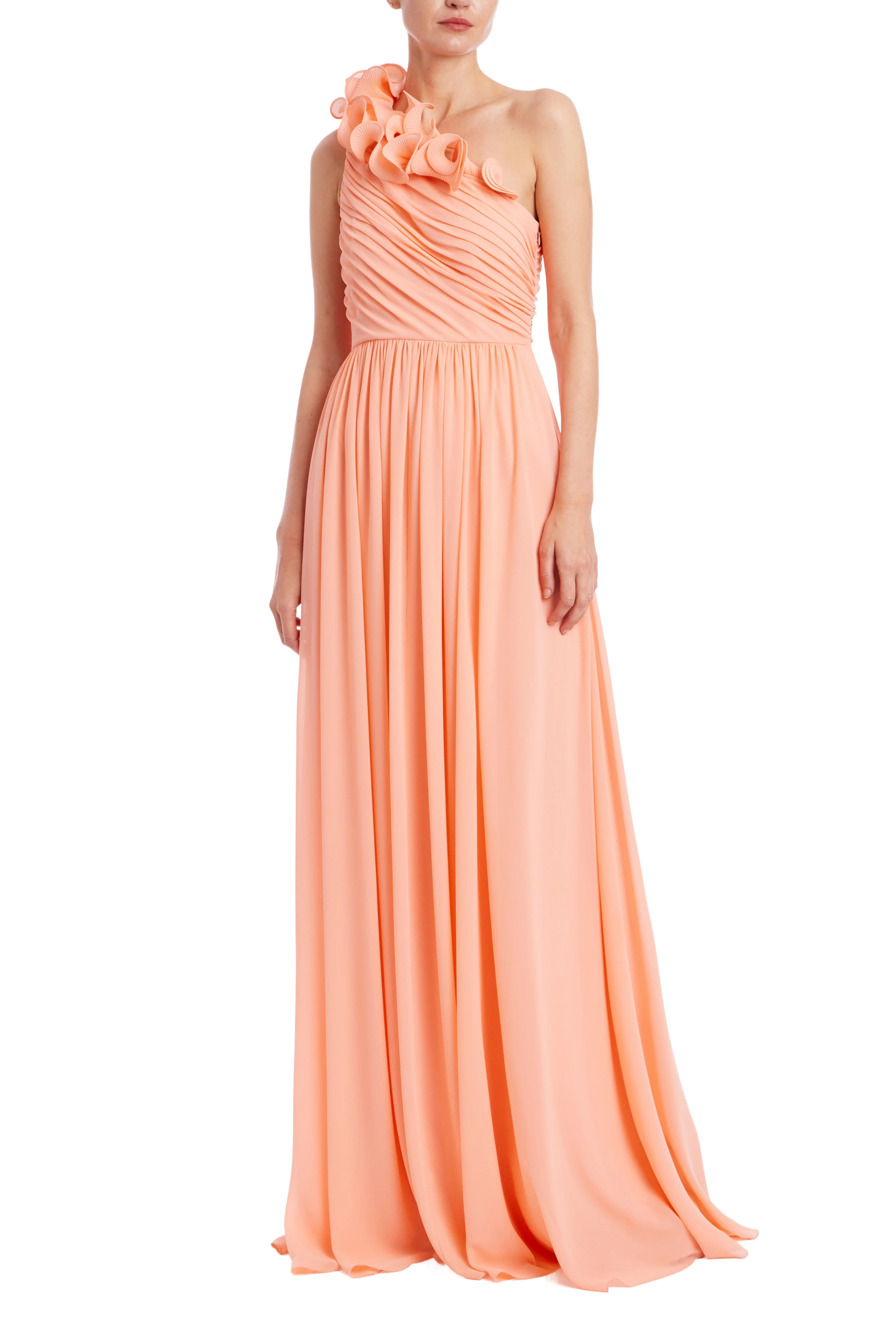 Ruffle One-Shoulder Pleated Evening Gown by Badgley Mischka | Badgley Mischka