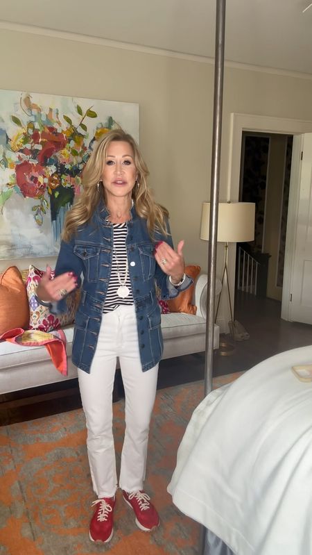 Cute Memorial Day look!  Striped Crewneck short sleeve tee from Perfect White tee, white cropped straight leg jeans from Mother Denim, denim jacket from Veronica Beard and red sneakers from Madison Maison.


#LTKVideo #LTKSeasonal #LTKShoeCrush