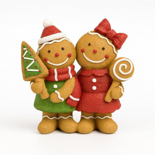 iStatue Christmas Gingerbread Couple Resin Figurine – Hand-Painted Holiday Décor, Boy with Tree Cookie & Girl with Bow and Swirl Lollipop, Tabletop/Mantel Accent (Brown Gingerbread) | Amazon (US)