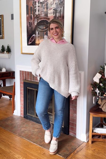 Casual outfit that never lets me down! This is one of my favorite mom uniforms! 

Oversized sweater 
Loafers 
Jeans 
Collared shirt 
Preppy style 


#LTKGiftGuide #LTKSeasonal #LTKHoliday