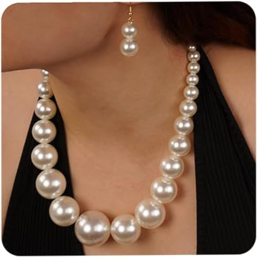 Aimimier 1920s Vintage Big Faux Pearl Strand Necklace with Earrings Set Large Chunky Pearl Choker... | Amazon (US)
