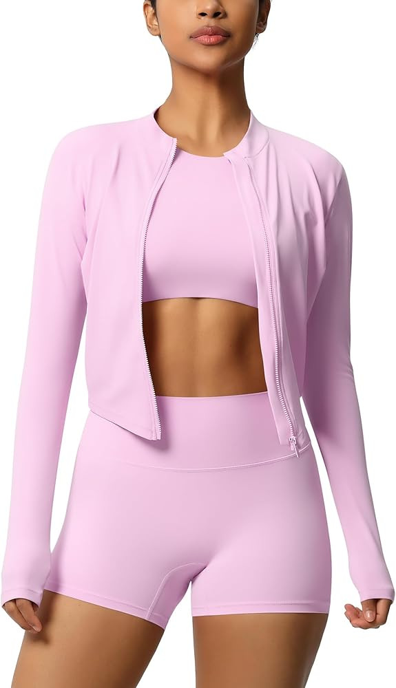 3 Piece Workout Sets for Women High Waisted Seamless Shorts Crop Top Jacket Gym Yoga Outfit Stret... | Amazon (US)