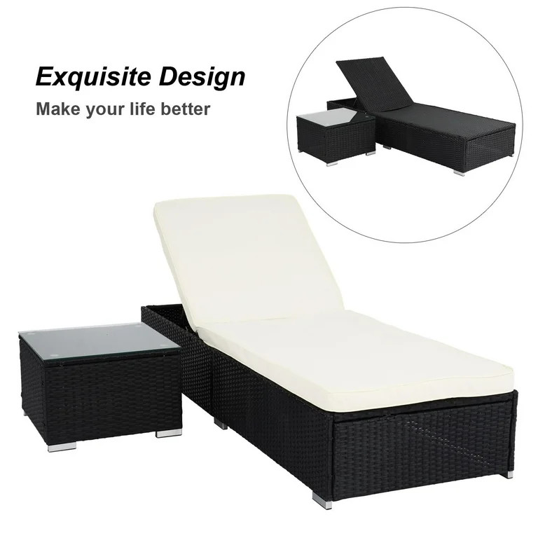 Winado Wicker Patio Chaise Lounge Chair,Outdoor Rattan,  2 PCs Balck Frame, Black w/ Beige Cushio... | Walmart (US)