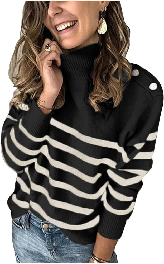 KIRUNDO Women's 2023 Fall Winter Long Sleeve Knit Sweater Turtleneck Striped Loose Pullover Tops ... | Amazon (US)