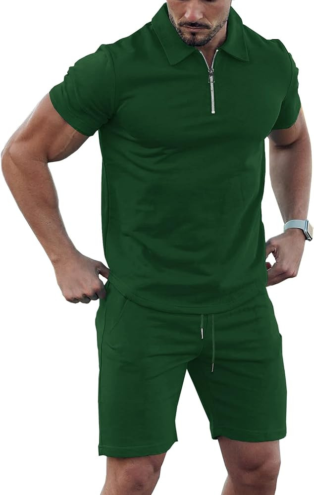 URRU Mens Short Sleeve Casual Polo Shirt and Shorts Sets Two Piece Summer Outfits Zip Polo Tracks... | Amazon (US)