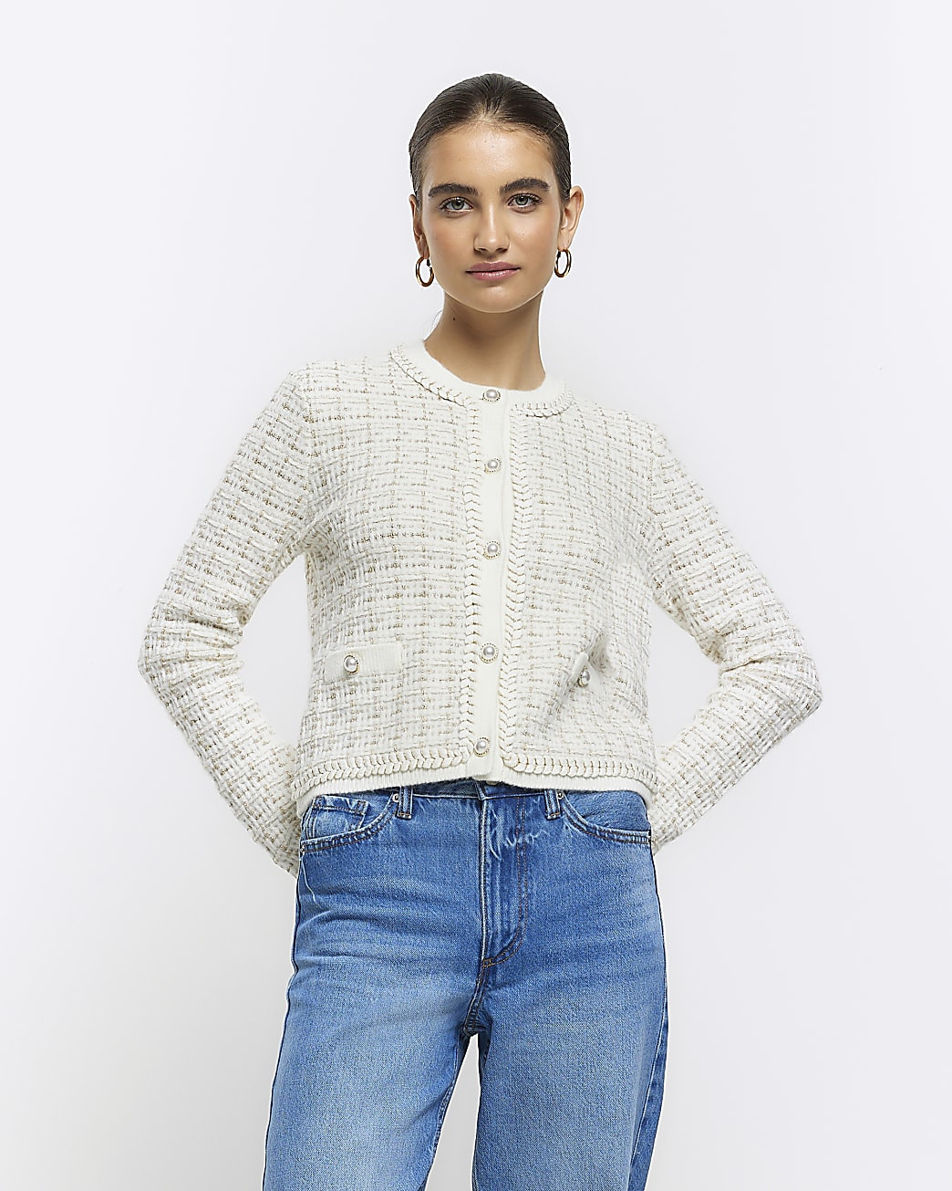 Cream boucle knit crop cardigan | River Island (UK & IE)