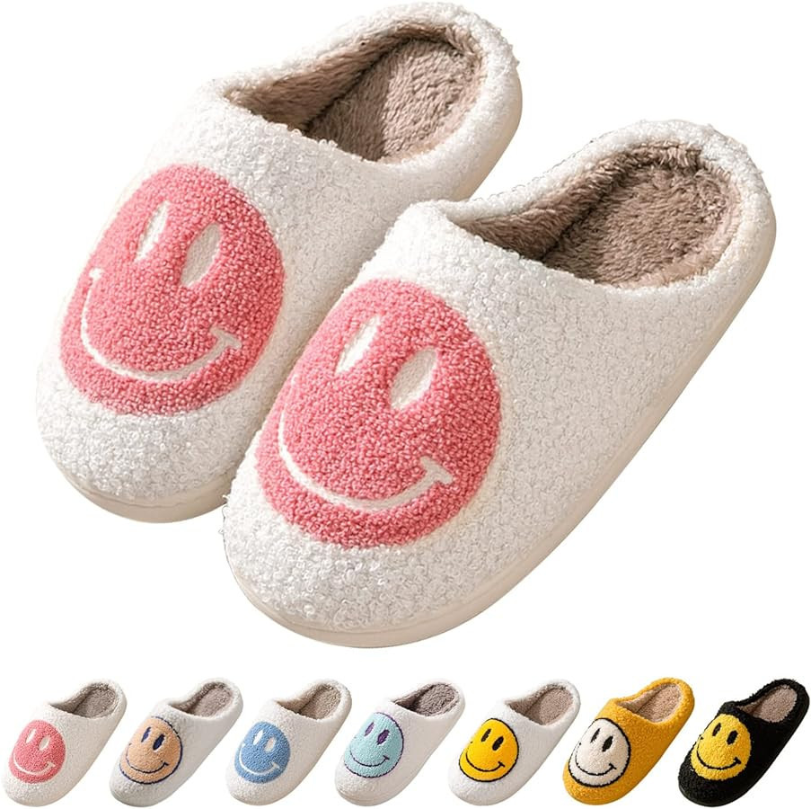 Smile Face Slippers for Women Happy face slippers Retro Soft Plush Warm Slip-on Slippers, Cozy In... | Amazon (US)