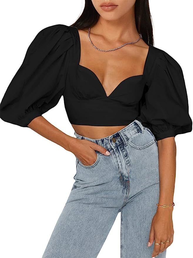 SOFIA'S CHOICE Women's Long Sleeve Crop Top Cute Tops Tie Open Back Blouse | Amazon (US)