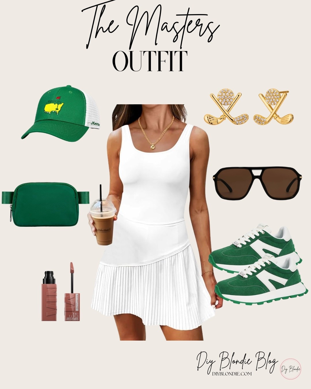 Classic Masters style 💚 A crisp white tennis dress paired with green accessories is the perfect sporty-chic look for tournament week. I styled it with comfortable green sneakers, a Masters hat, a belt bag for walking the course, and simple gold accessories. Cute, comfortable, and perfect for a full day at Augusta. Linking everything here!