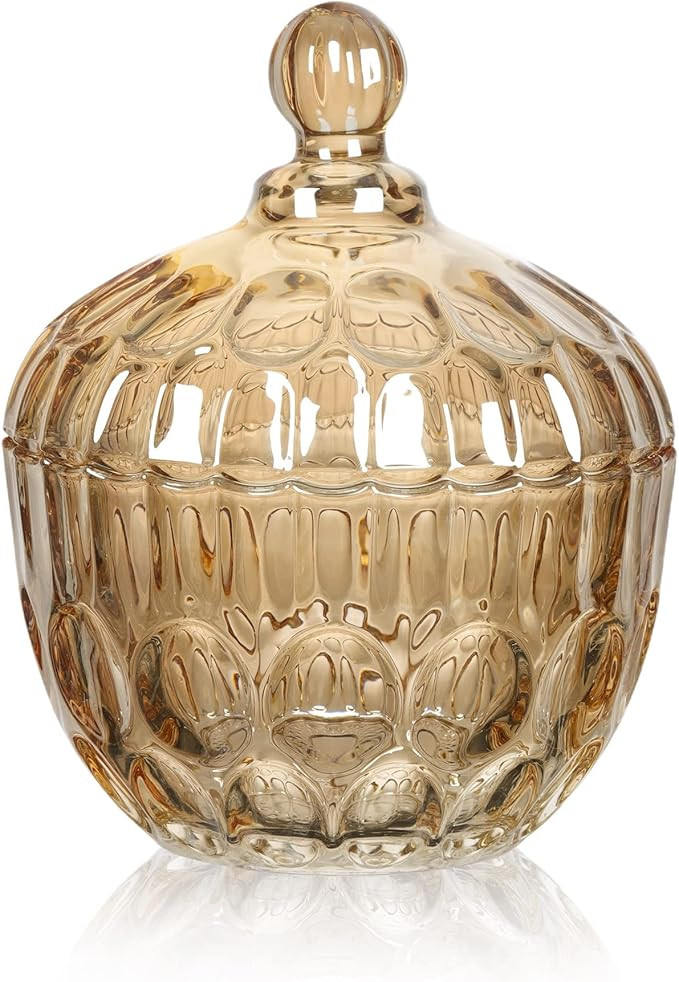Joeyan Amber Glass Candy Dish with Lid,Large Glass Covered Candy Jar,Decorative Candy Bowl,Emboss... | Amazon (US)