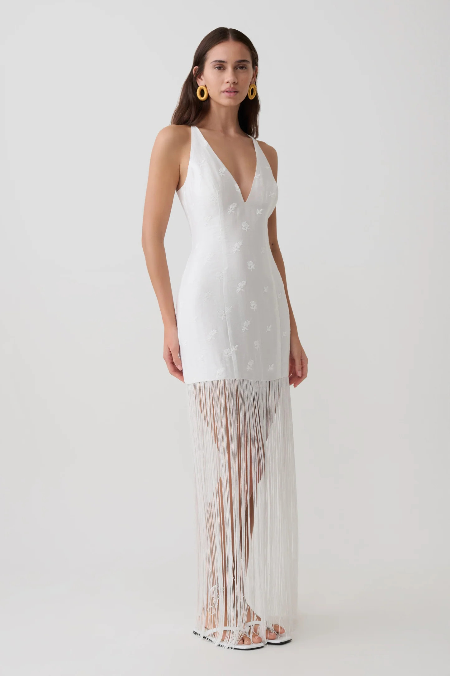 Abigail V Neck Fringe Maxi Dress - White | MESHKI US