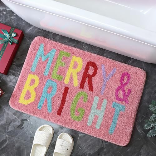 Pink Christmas Bathmats, Christmas Pastel Bath Rugs, Merry and Bright Fluffy Shower Mats, Xmas Winter Non-slip Absorbent Door rugs, Holiday Decorative Decor for Bathroom Home Kitchen, 20x30 Inch | Amazon (US)