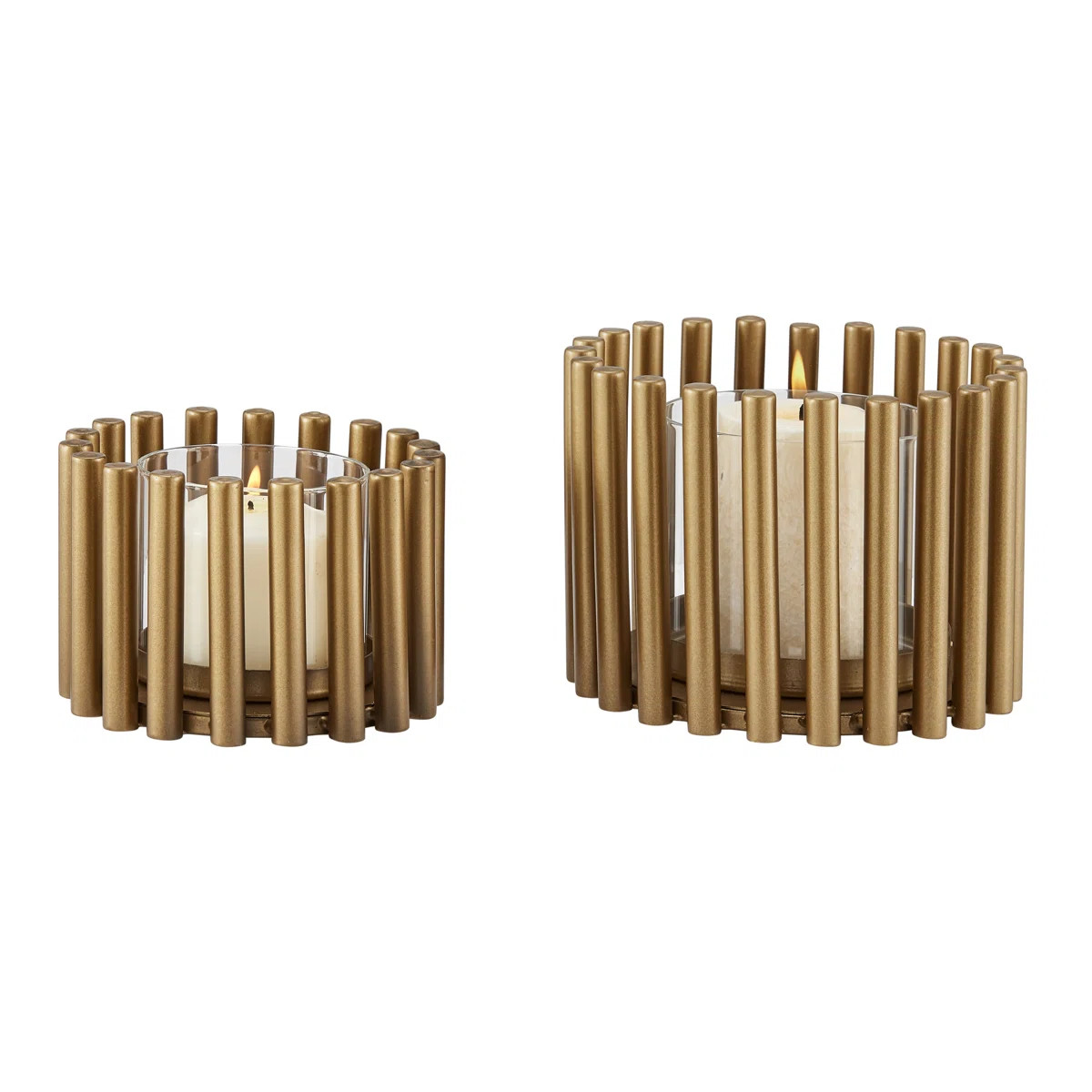 Millwood Pines Pillar Ring Warm Gold Midcentury Modern Votive Hurricane Candle Holders - Set of 2... | Wayfair North America