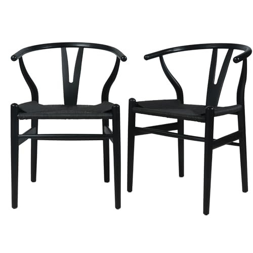 XINNAN Wishbone Chair Weave Modern Solid Wood Mid-Century Y Shaped Backrest Dining Chair (2 Set Drak Black) | Amazon (US)