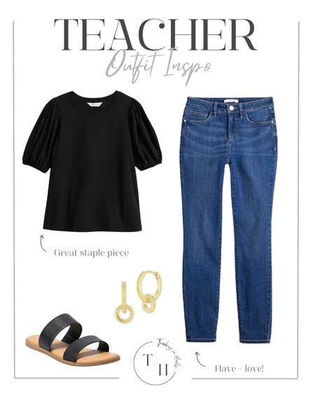 Puff sleeve tee  mid rise skinny jeans  slide sandals  double circle hoop earrings   teacher work style workwear  business casual  business office outfit  teacher ootd  teacherfit  ootd  trendteacher  teacher outfits  teacher

#LTKStyleTip #LTKSeasonal #LTKSaleAlert