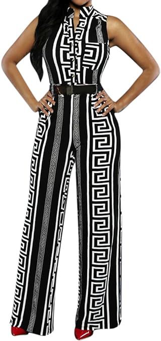 Pink Queen Womens Button Up Printed Long Wide Leg Pant Party Jumpsuits with Belt | Amazon (US)