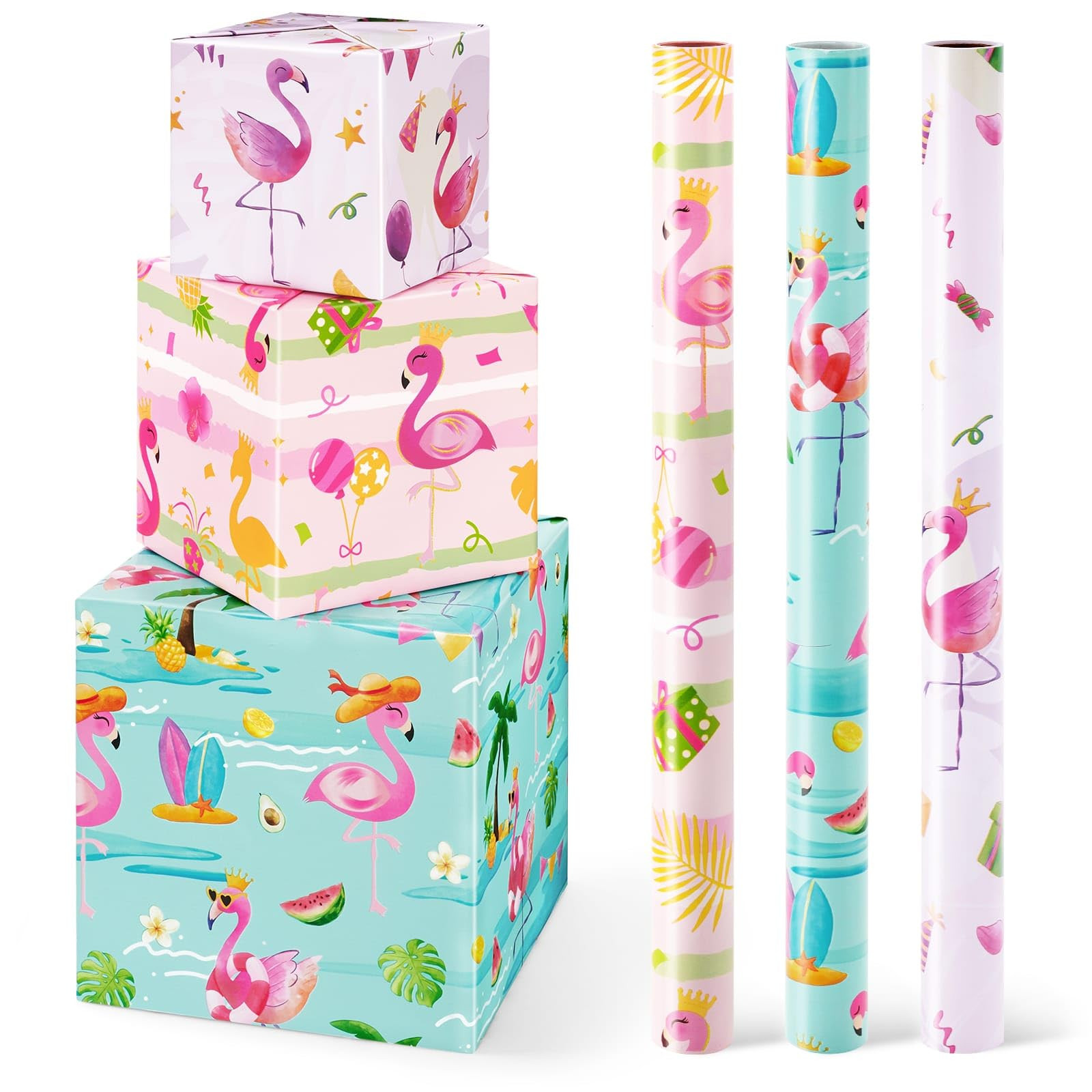 Wernnsai Flamingo Wrapping Paper - 3 Pink Flamingo Gift Wrap Rolls with Cut Lines, 17 in x 10 ft | Amazon (US)