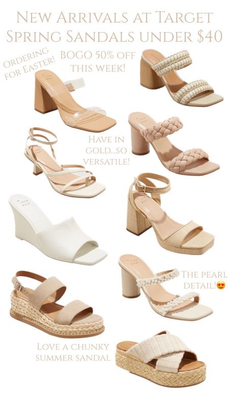 Target has some new arrivals that are so fun and all of their shoes are BOGO 50% off this week! So many sandals great for Easter heels, spring wedding shoes, or summer vacation shoes! Sandals for any occasion! All under $40 and some under $25!  wedding guest heels, wedding guest shoes under $50, summer sandals under $40, summer shoes under $40, wedge heels, dolce vita dupes, straw heels, raffia heels, wedge mule heels, heels under $50, strappy heels under $50, platform heels under $50 , target new arrivals, target sale, shoes sale, target finds, easter shoes, graduation heels, graduation shoes, transparent strap heels, pearl heels, wedding shoes under $50, wedding heels under $50, resort wear, vacation look, beach vacation outfit 

#LTKunder50 #LTKsalealert #LTKshoecrush