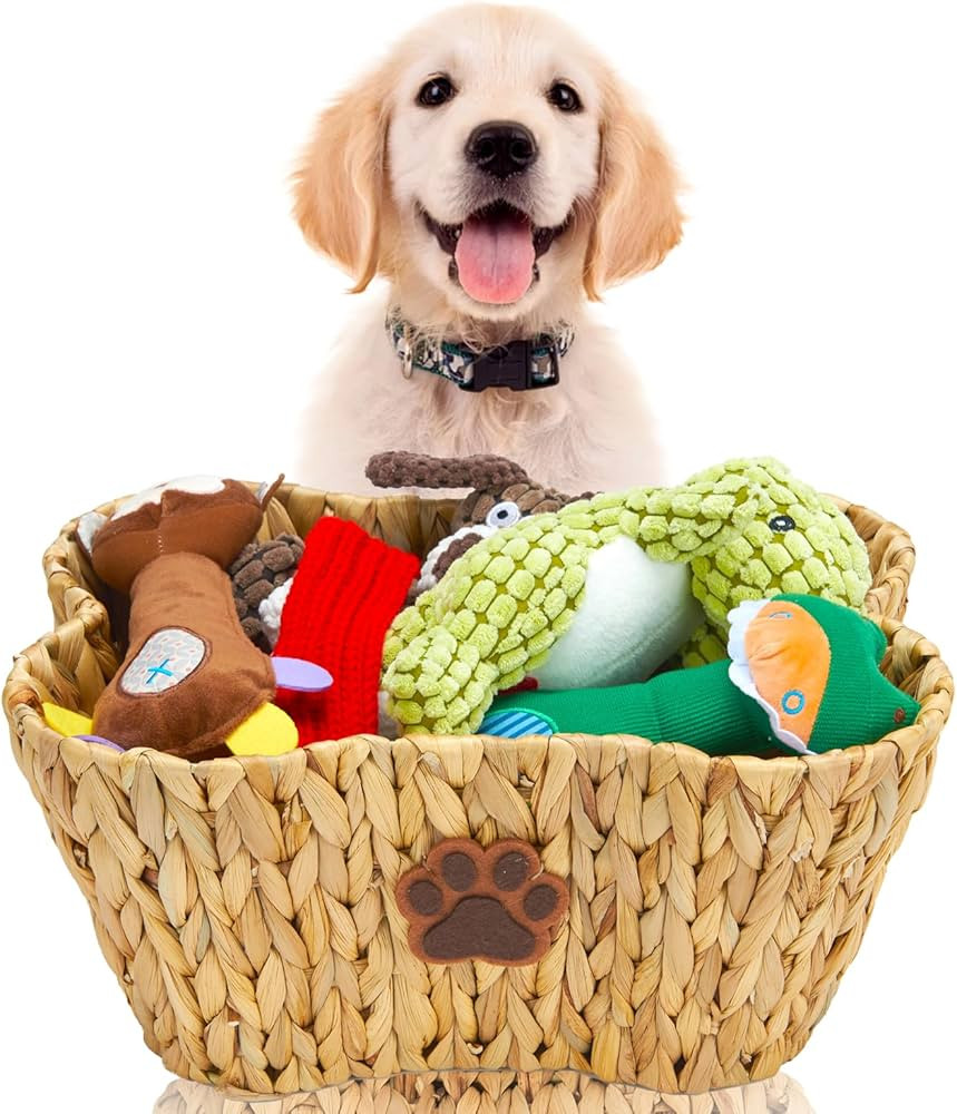 FairyHaus Dog Toy Basket Organizer with Dog Paw Decor, 1Pack Wicker Bone Shape Dog Toy Bin for Or... | Amazon (US)
