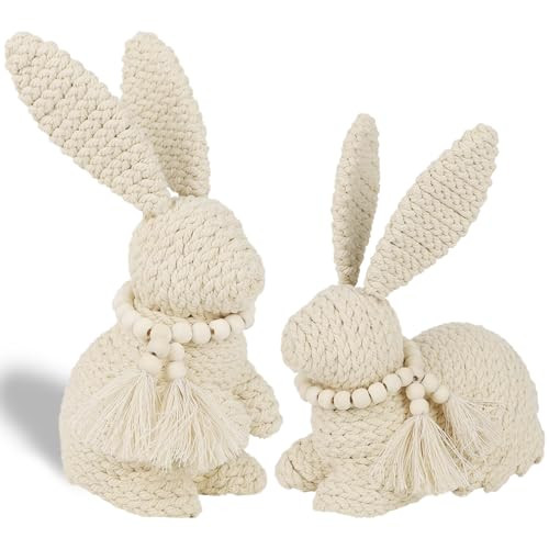 DR.DUDU 2 Pack Easter Bunny Figurines Decor, Rabbit Figurine Table Decorations, Spring Bunnies Decoration Cotton Woven Statue for Home Indoor Centerpieces Fireplace Farmhouse Gifts (Beige) | Amazon (US)
