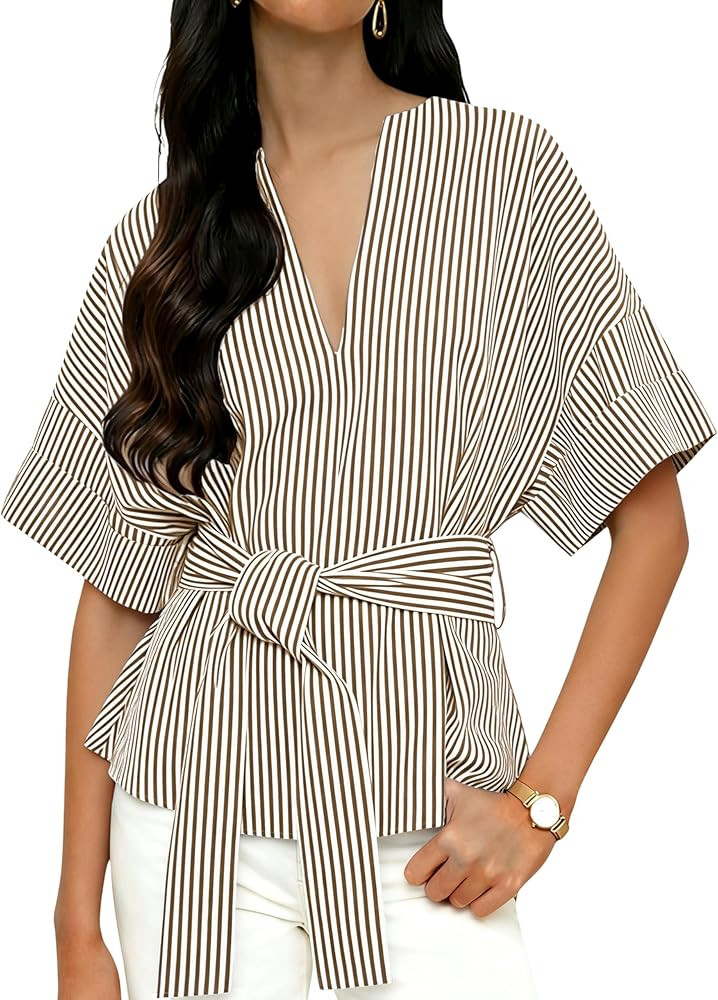 Yidarer Women's Summer Striped Shirts V Neck Short Sleeve Tie Knot Front Tops 2026 Casual Blouse | Amazon (US)
