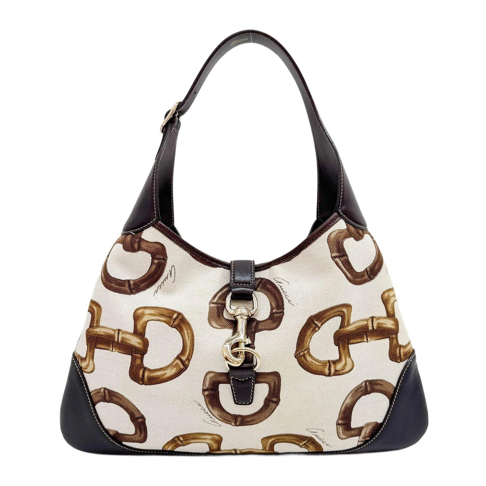GUCCI Jackie Beige Bamboo Horsebit Print Canvas Shoulder Bag | eBay | eBay US