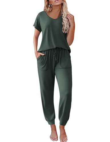 Ekouaer Pajamas for Women Set 2 Piece Pjs Short Sleeve Sleepewar Tops and Jogger Pants Lounge Sets Tracksuit,Deep Army Green,L | Amazon (US)