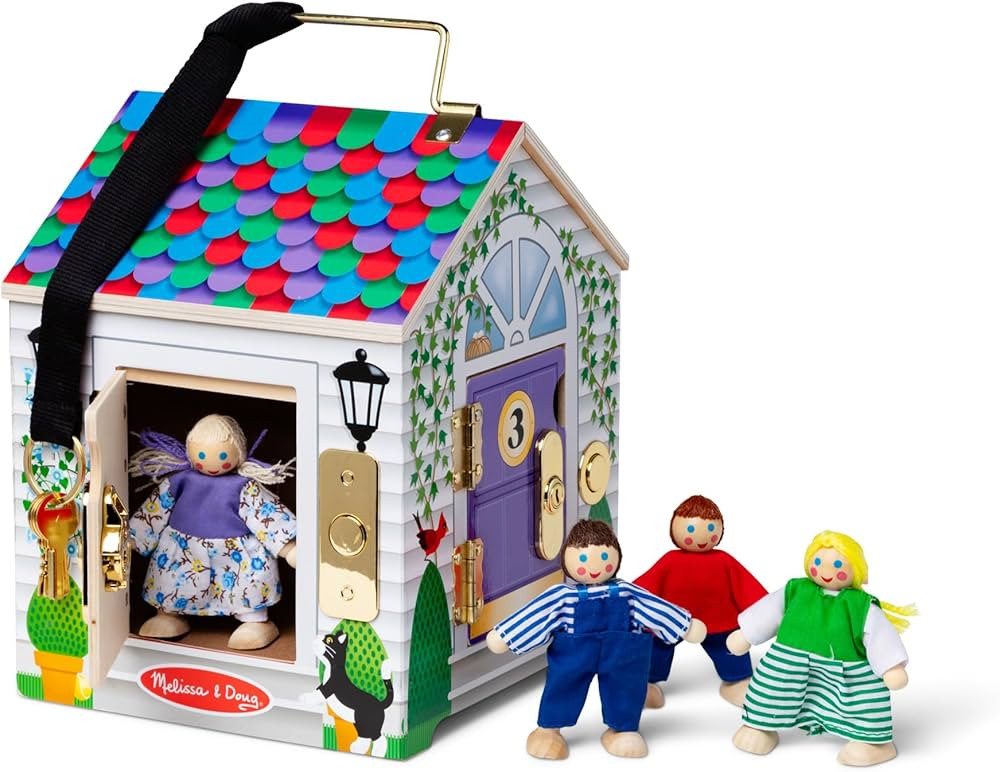 Melissa & Doug Take-Along Wooden Doorbell Dollhouse - Doorbell Sounds, Keys, 4 Poseable Wooden Do... | Amazon (US)