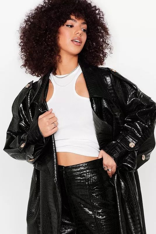 Croc Faux Leather Belted Trench Coat | Nasty Gal (US)