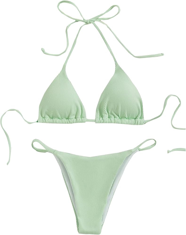 MakeMeChic Women's Halter Tie Side Triangle Bikini Set high Cut 2 Piece Bikini Swimsuit Bathing S... | Amazon (US)