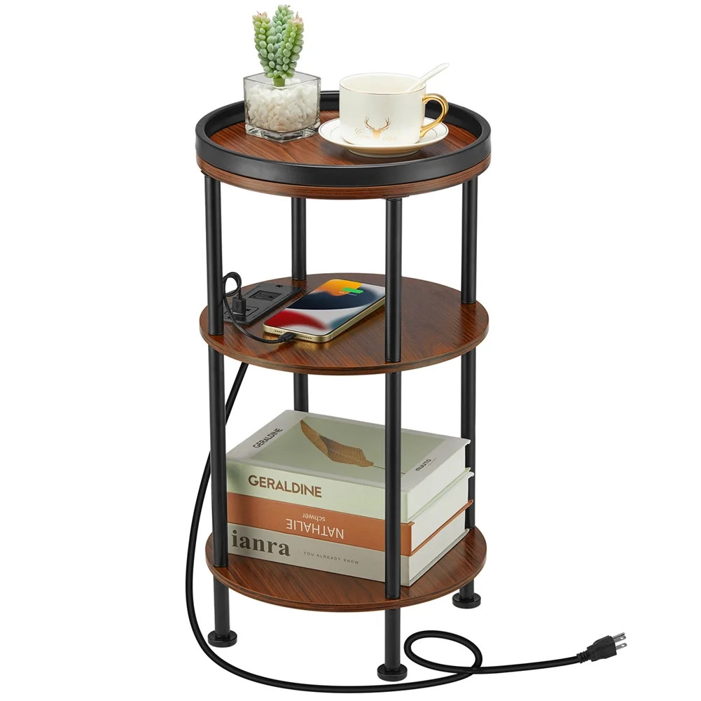 Small Round Side Table with Charging Station for Small Spaces, 3-Tier Round Accent Table with 2 U... | Walmart (US)