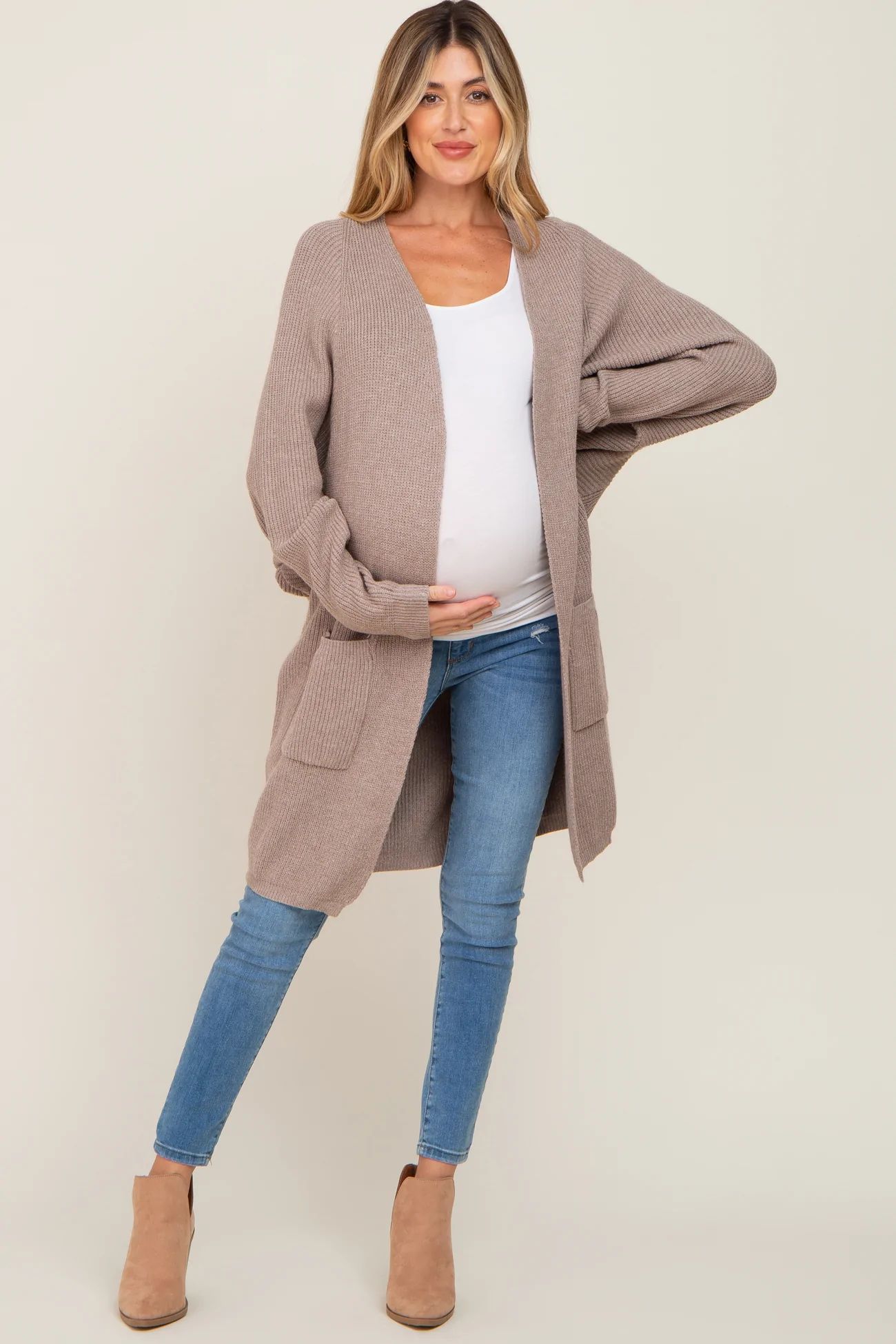 Taupe Pocketed Knit Maternity Cardigan | PinkBlush Maternity