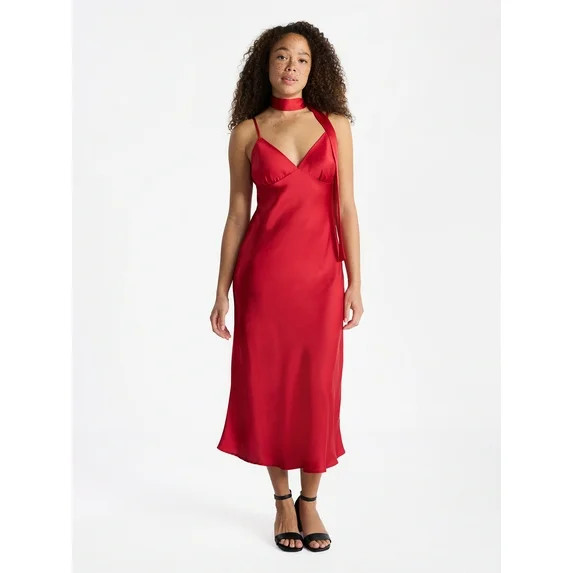 No Boundaries V-Neck Satin Maxi Dress with Scarf Set, 2-Piece, Women's | Walmart (US)
