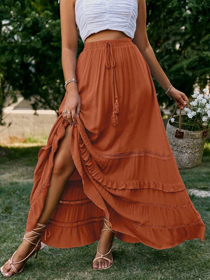 Simplee Tie Waist Guipure Lace Insert Ruffle Hem Skirt | SHEIN