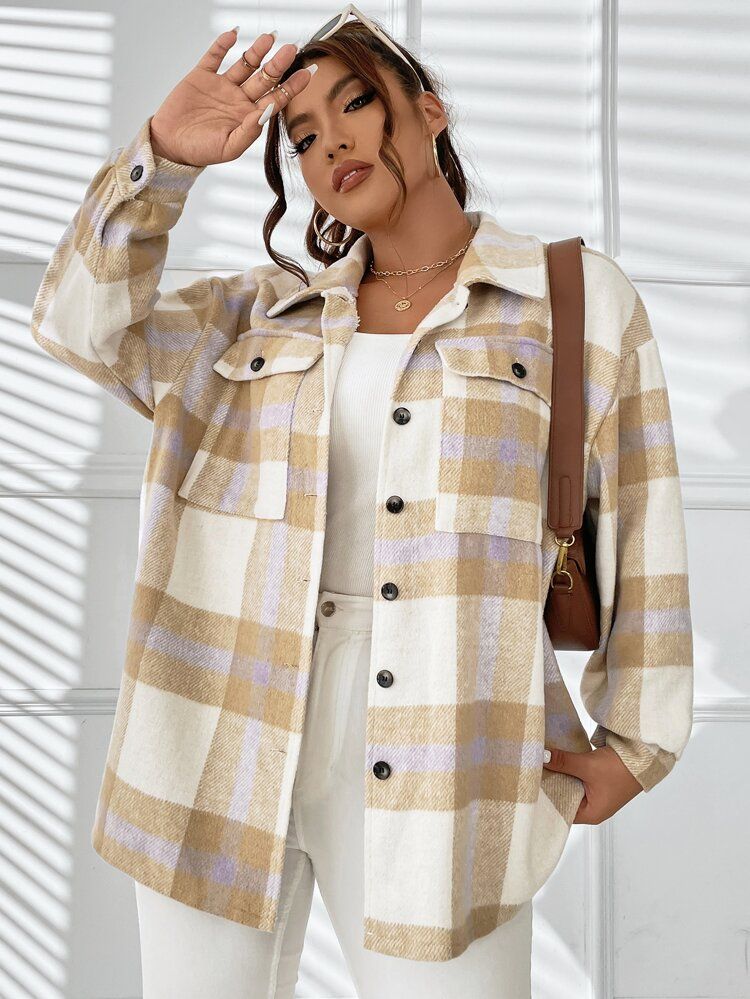 Plus Plaid Print Drop Shoulder Coat | SHEIN