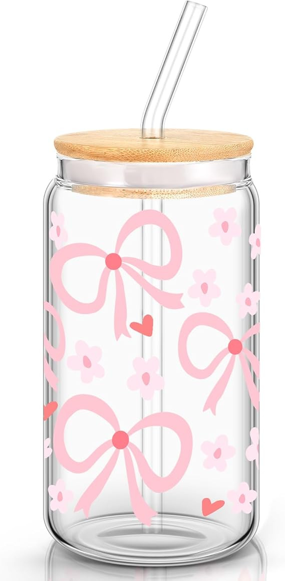 Hoolerry Coquette Flower Bow Aesthetic Cup, 16 oz Dainty Pink Glass Cup with Lid and Straw, Vinta... | Amazon (US)