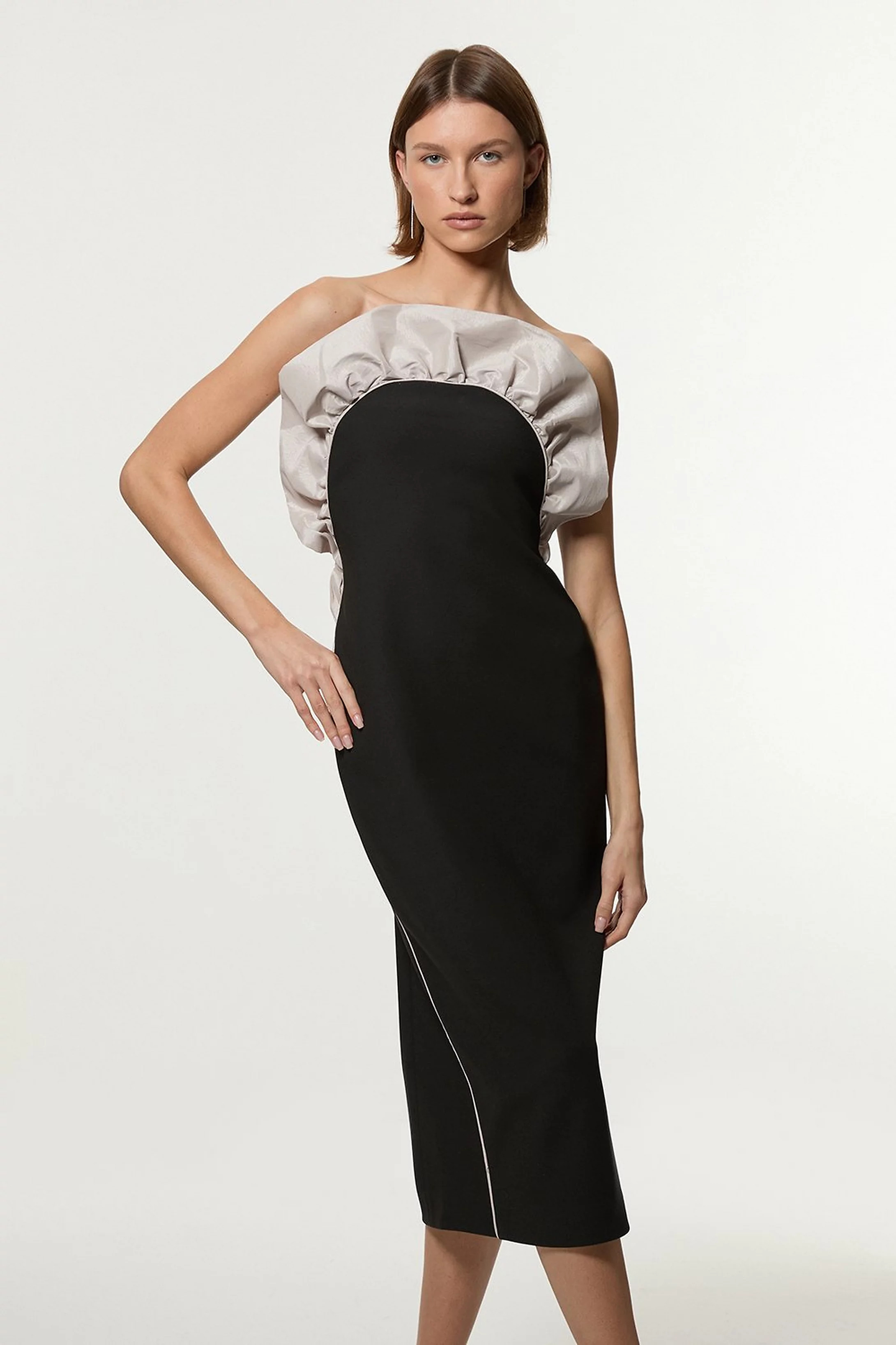 Ruffle Taffeta Compact Stretch Bandeau Tailored Midi Dress | Karen Millen US