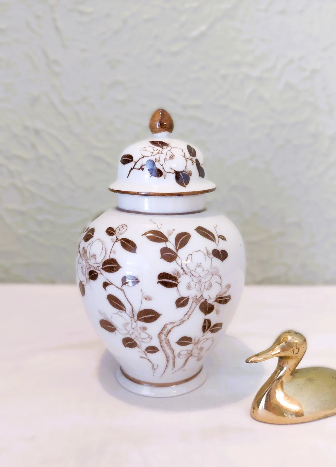 Vintage Hand Painted Ceramic Lidded Jar/ginger Jar - Brown & White Floral Design - 6" Japan - Pri... | Etsy (US)