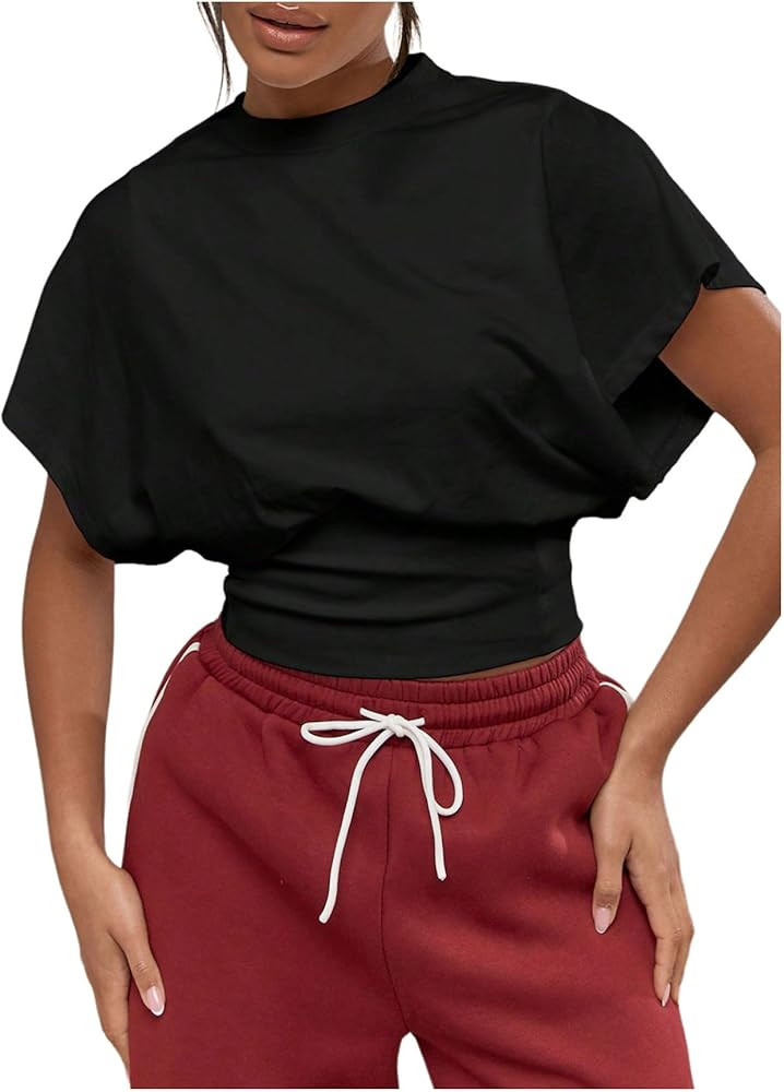 SHENHE Women's Dolman Sleeve Bat Wing T Shirt Crew Neck Cinched Waist Going Out Crop Top | Amazon (US)