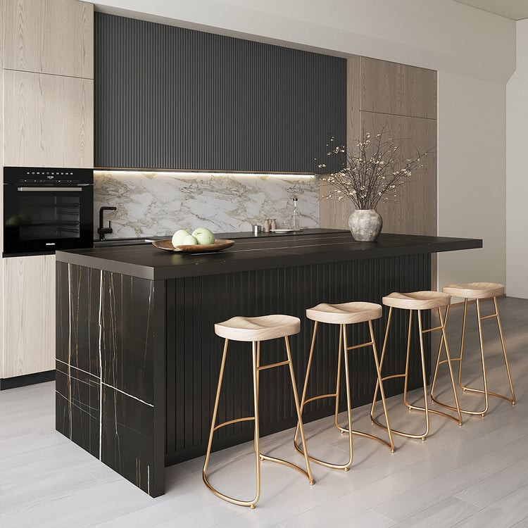 72" Kitchen Islands Marble Veneered Top Black Modern with Storage Kitchen Cabinet | Homary | Homary