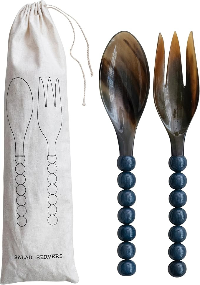 Creative Co-Op Natural Horn Salad Spoon And Fork Server with Marbled Resin Ball Handles, Blue | Amazon (US)