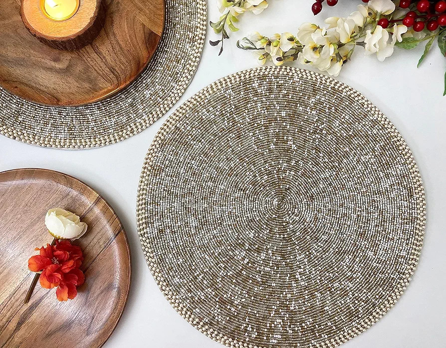 Enliven Juego de 6, mantel individual hecho a mano, con cuentas, dorado y plateado | Amazon (US)
